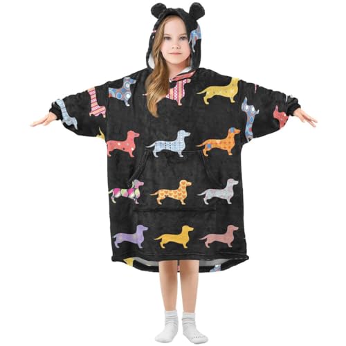 HMZXZ Niedliche Hunde Dackel Kinder Tragbar Decke Kapuzenpullover Übergroß Sweatshirt Blanket Pullover Welpen Hunde für 3-14 Jahr Jungen Mädchen von HMZXZ