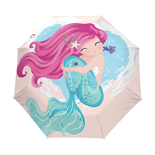 HMZXZ RXYY Niedlich Meerjungfrau Fisch Meershells Falten Auto Öffnen Schließen Regenschirm für Frauen Männer Jungs Mädchen Winddicht Kompakt Reise Leicht Regen Regenschirm von HMZXZ