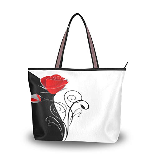 HMZXZ RXYY Schwarz Weiß Blumen- rot Roses Handtaschen und Geldbörse für Frau Tote Tasche groß Kapazität obenGriff Käufer Schulter Tasche von HMZXZ