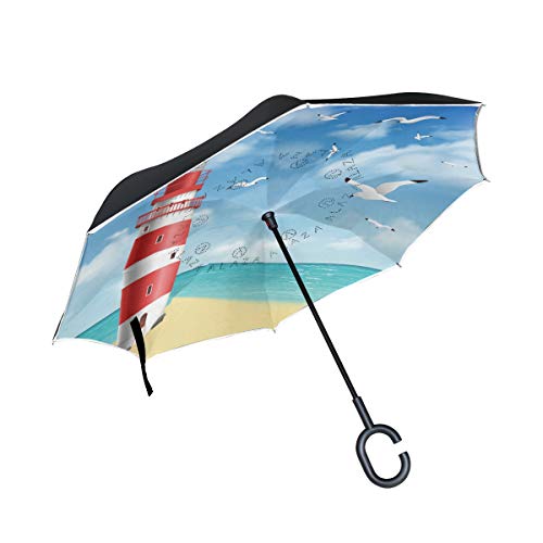 HMZXZ RXYY Winddicht Doppelt Schicht Falten Invertiert Regenschirm Meer Strand Leuchtturm Vogel Wasserdicht Umkehren Regenschirm für Regen Schutz Wagen Reise Draussen Men Women von HMZXZ