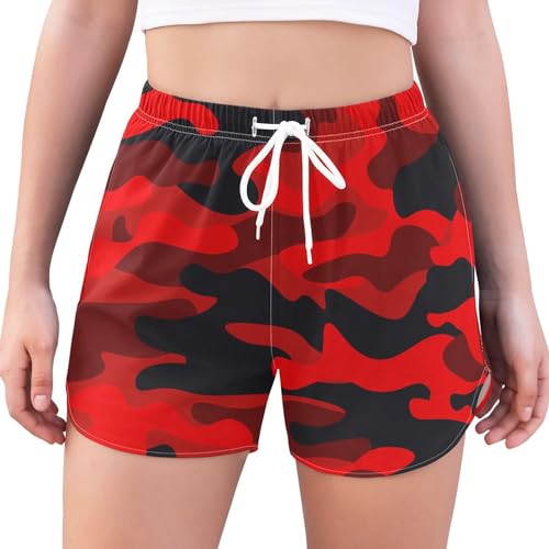 HMZXZ Rot Military Tarnung Damen Badeshorts Badehose Sports Gym Shorts,Camo Lässig Schwimmhose Kurze Boardshorts für Strand Surf Beach von HMZXZ