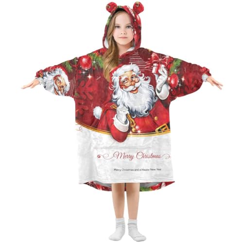 HMZXZ Weihnachten Weihnachtsmann Geschenke Kinder Tragbar Decke Kapuzenpullover Übergroß Sweatshirt Blanket Pullover für 3-14 Jahr Jungen Mädchen von HMZXZ