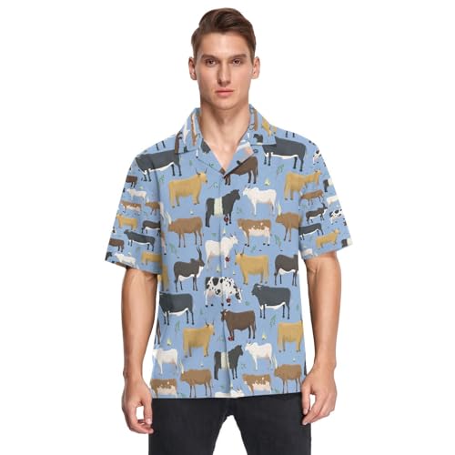 Hawaiihemd Hemden Herren Bulls Kühe Bauernhof Tier Sommer Strand Hemden Taste Runter Kurz Ärmel Shortsleeve Beef Büffel, S-3XL von HMZXZ