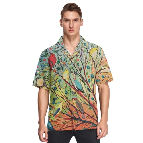 Hawaiihemd Hemden Herren Bunt Vogel Zweig Sommer Strand Hemden Taste Runter Kurz Ärmel Shortsleeve Frühling Forest Tree, S-3XL von HMZXZ