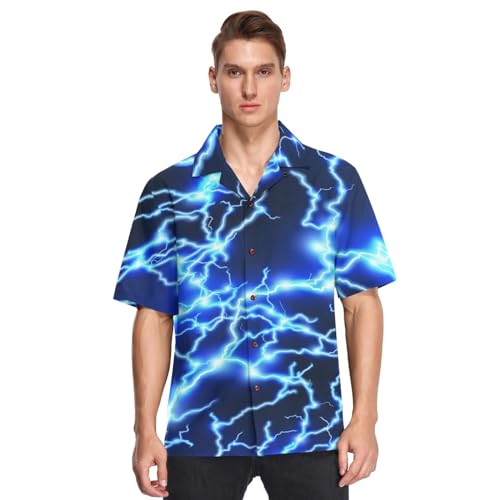 Hawaiihemd Hemden Herren Elektrisch Blitz Blau Sommer Strand Hemden Taste Runter Kurz Ärmel Shortsleeve Blau Elektrisch Blitz, S-3XL von HMZXZ