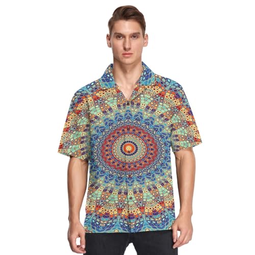 Hawaiihemd Hemden Herren Runden Mandala Ornament Sommer Strand Hemden Taste Runter Kurz Ärmel Shortsleeve Boho Ethnisch, S-3XL von HMZXZ