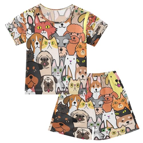 Kinder Kurze Pyjama-Set Hund Drucken Mädchen Jungen Schlafanzug Set Baumwolle Sommer Nachtwäsche-Set Tier Hündchen Hunds von HMZXZ