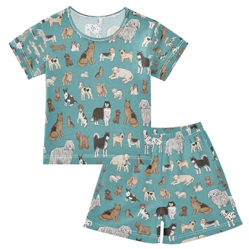 Kinder Kurze Pyjama-Set Hunde Haustiere Blau Mädchen Jungen Schlafanzug Set Baumwolle Sommer Nachtwäsche-Set Hündchen Hunde von HMZXZ