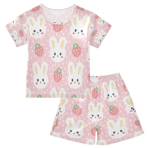Kinder Kurze Pyjama-Set Kawaii Hase Erdbeere Rosa Mädchen Jungen Schlafanzug Set Baumwolle Sommer Nachtwäsche-Set niedlich Hase von HMZXZ