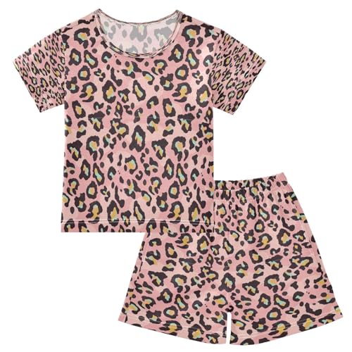 Kinder Kurze Pyjama-Set Mode Rosa Leopard Haut Mädchen Jungen Schlafanzug Set Baumwolle Sommer Nachtwäsche-Set Tier Haut von HMZXZ