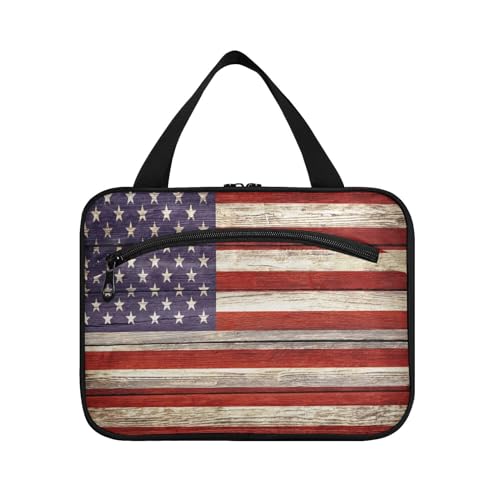 Kulturbeutel zum Aufhängen, für Damen, Herren, Jungen, Mädchen, USA-Flagge, Holzplanke, wasserdichte Kosmetiktasche, Make-up-Tasche, Kulturbeutel, Organizer für Reiseutensilien, Flasche, multi, L von HMZXZ