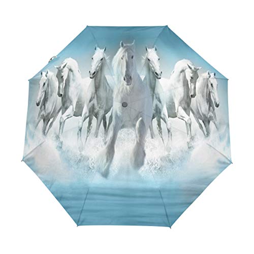 RXYY Aquarell Tier Pferds Laufen Falten Auto Öffnen Schließen Regenschirm für Frauen Männer Jungs Mädchen Winddicht Kompakt Reise Leicht Regen Regenschirm von HMZXZ