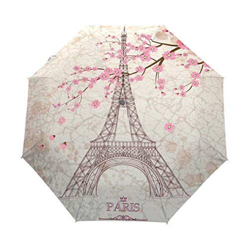 RXYY Eiffelturm Kirsche Blossoms Falten Auto Öffnen Schließen Regenschirm für Frauen Männer Jungs Mädchen Winddicht Kompakt Reise Leicht Regen Regenschirm von HMZXZ