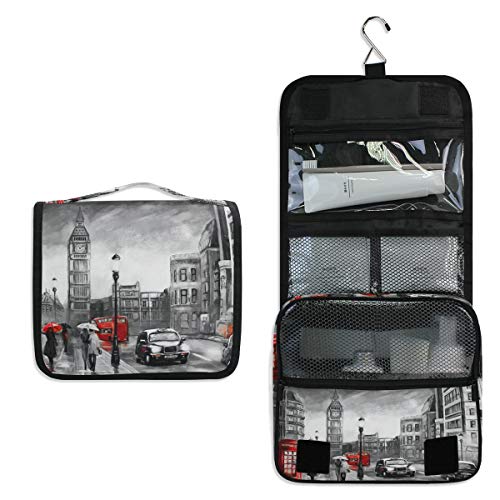 RXYY Hängend Kulturtasche London Big Ben Straße Wagen Regenschirm ausklappbar Bad Turnhalle Kulturbeutel Veranstalter tragbar kosmetisch Waschtasche für Frauen Mädchen von HMZXZ