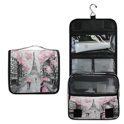 RXYY Hängend Kulturtasche Ölgemälde Eiffelturm Paris Liebhaber Rosa Blume ausklappbar Bad Turnhalle Kulturbeutel Veranstalter tragbar kosmetisch Waschtasche für Frauen Mädchen von HMZXZ