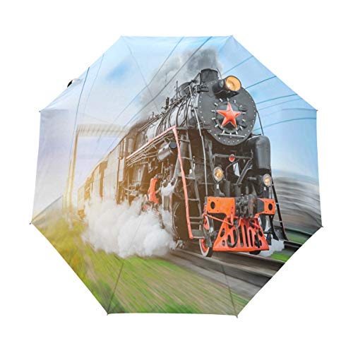 HMZXZ Regenschirm Schwarz Dampf Lokomotive Zug Falten Auto Öffnen Schließen Winddicht Kompakt Reise Leicht Regen Schirm für Frauen Männer Jungs Mädchen von HMZXZ
