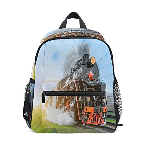 RXYY Kinder Rucksäcke Jahrgang Schwarz Dampf Lokomotive Zug Tagesrucksäcke Reise Kleinkind Vorschule Schule Tasche Beiläufig Rucksack mit Truhe Gurt zum Mädchen Jungs von HMZXZ