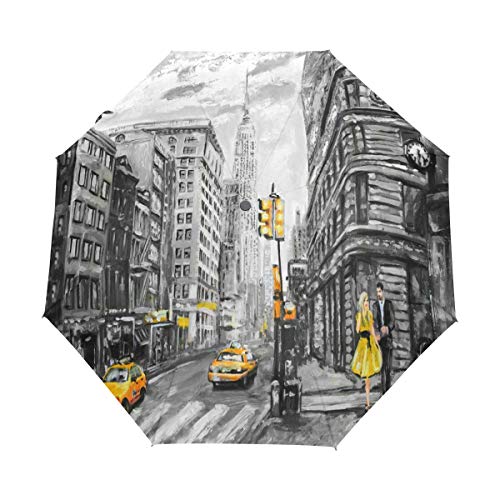 RXYY Man Frau Gelb Taxi New York Ölgemälde Falten Auto Öffnen Schließen Regenschirm für Frauen Männer Jungs Mädchen Winddicht Kompakt Reise Leicht Regen Regenschirm von HMZXZ