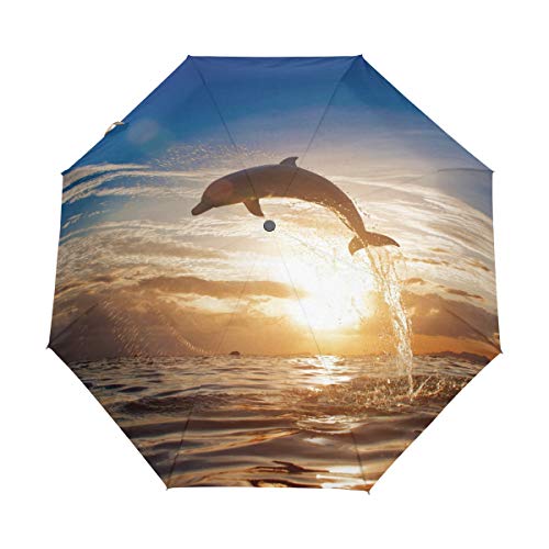 HMZXZ RXYY Meer Delfin Frühlingt Sonnenuntergang Falten Auto Öffnen Schließen Regenschirm für Frauen Männer Jungs Mädchen Winddicht Kompakt Reise Leicht Regen Regenschirm von HMZXZ