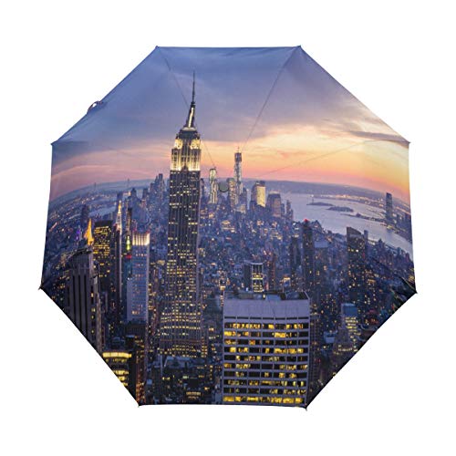 RXYY New York City Himmelscraperst Sonnenuntergang Falten Auto Öffnen Schließen Regenschirm für Frauen Männer Jungs Mädchen Winddicht Kompakt Reise Leicht Regen Regenschirm von HMZXZ