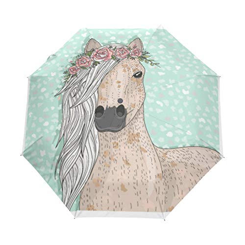 RXYY Niedlich Pferd Blumes Aquarell Falten Auto Öffnen Schließen Regenschirm für Frauen Männer Jungs Mädchen Winddicht Kompakt Reise Leicht Regen Regenschirm von HMZXZ
