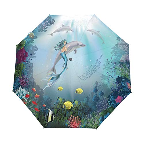 RXYY Ozean Tier Delfins Meerjungfraus Falten Auto Öffnen Schließen Regenschirm für Frauen Männer Jungs Mädchen Winddicht Kompakt Reise Leicht Regen Regenschirm von HMZXZ