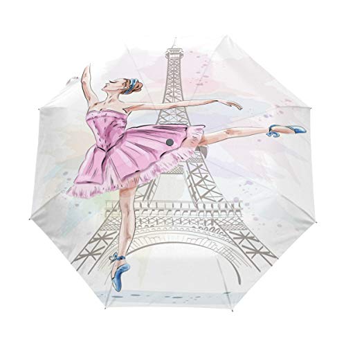 RXYY Paris Eiffelturm Rosa Ballerina Tanzen Kunstmalerei Falten Auto Öffnen Schließen Regenschirm für Frauen Männer Jungs Mädchen Winddicht Kompakt Reise Leicht Regen Regenschirm von HMZXZ