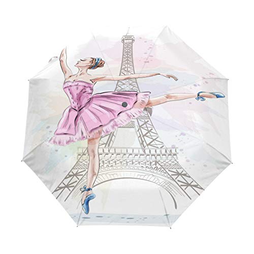 HMZXZ RXYY Paris Eiffelturm Rosa Ballerina Tanzen Kunstmalerei Falten Auto Öffnen Schließen Regenschirm für Frauen Männer Jungs Mädchen Winddicht Kompakt Reise Leicht Regen Regenschirm von HMZXZ
