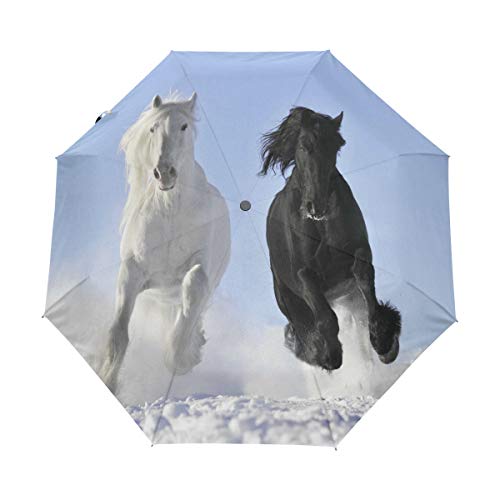 RXYY Weiß Tier Pferd Schwarz Falten Auto Öffnen Schließen Regenschirm für Frauen Männer Jungs Mädchen Winddicht Kompakt Reise Leicht Regen Regenschirm von HMZXZ