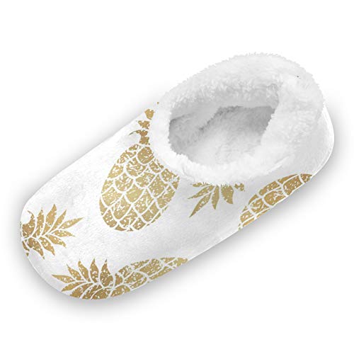 Rxyy Gold Ananas Kunst Malerei Hausschuhe für Frauen Männer Unisex, Damen Winter Wärme Hause Hausschuhe Pantoffeln Socken Fuzzy Füße Hausschuhe Schlafzimmer von HMZXZ