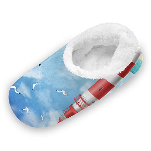 Rxyy Meer Strand Leuchtturm Vogel Hausschuhe für Frauen Männer Unisex, Damen Winter Wärme Hause Hausschuhe Pantoffeln Socken Fuzzy Füße Hausschuhe Schlafzimmer von HMZXZ