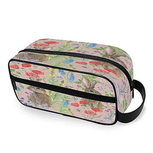 Tragbare Kulturtasche Blumen Mohnblumen Häschen Blätter Reise Waschtasche Multifunktions Kosmetiktasche Make-up-Tasche Aufbewahrungstasche für Frauen Männer Jungen Mädchen, multi von HMZXZ