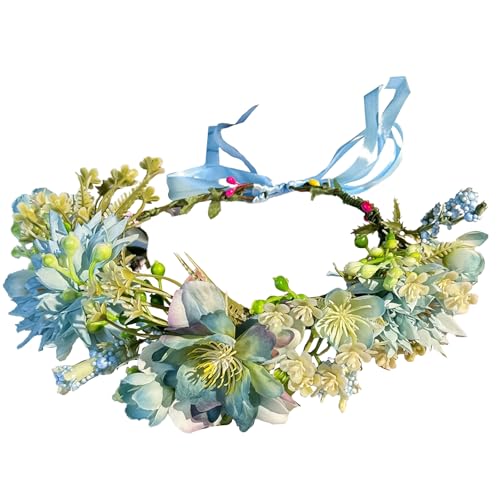 HNCOWPTU Blumenkranz – Flower Crown Kunstblumen Haarkranz Braut Kopfschmuck mit Band Grünpflanzen Blumenkrone für Hochzeit, Party, Festival & Fotoshootings (Blau, Universalgröße) von HNCOWPTU