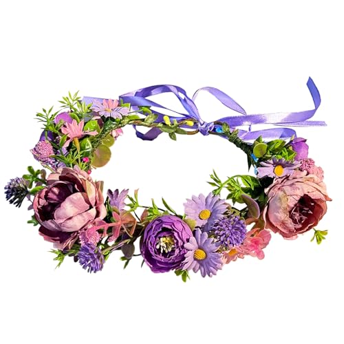HNCOWPTU Blumenkranz – Flower Crown Kunstblumen Haarkranz Braut Kopfschmuck mit Band Grünpflanzen Blumenkrone für Hochzeit, Party, Festival & Fotoshootings (Lila, Universalgröße) von HNCOWPTU