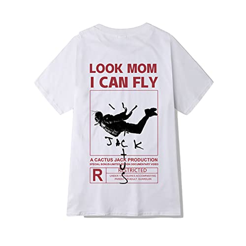 Das gleiche wie Kanye T-Shirt, Look MOM 1CAN Fly Kurzarm-T-Shirt mit kreativem Buchstabendruck, Herren Baumwolle Rundhals Musik T Shirt Damen, Männlicher Sonntagspullover (White,L) von HNDB