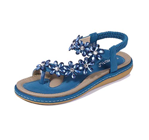 HNGHOU Damen Sommer Sandalen Casual Bequem Bohemia Strand Flache Sandalen Offene Zehe Knöchel Kristall Gladiator Schuhe, blau, 40 EU von HNGHOU