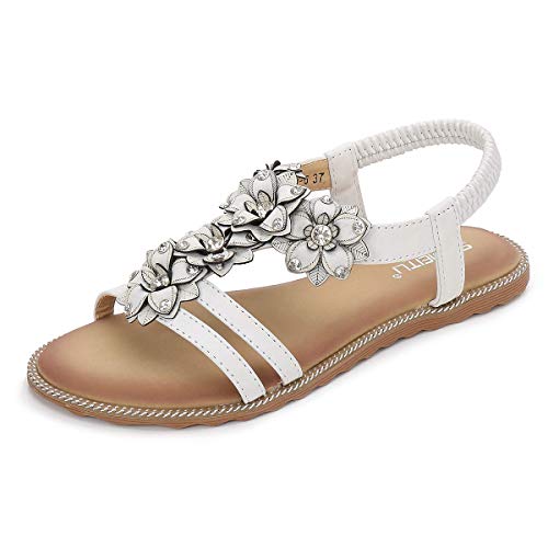 HNGHOU Damen Sommer Sandalen Casual Bequem Bohemia Strand Flache Sandalen Offene Zehen Knöchel Kristall Gladiator Schuhe, Weiss/opulenter Garten, 39 EU von HNGHOU