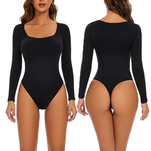 HNIEHEDT Sexy Damen-Body mit quadratischem Ausschnitt, doppelt gefüttert, langärmelig, Tops und Overalls (black, L) von HNIEHEDT