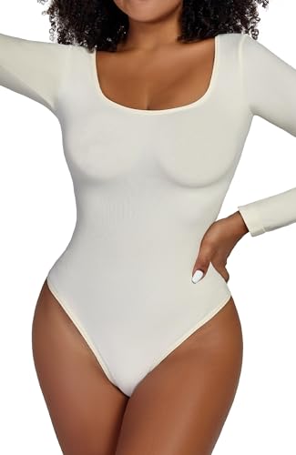 HNIEHEDT Sexy Damen-Body mit quadratischem Ausschnitt, doppelt gefüttert, langärmelig, Tops und Overalls (White, S) von HNIEHEDT