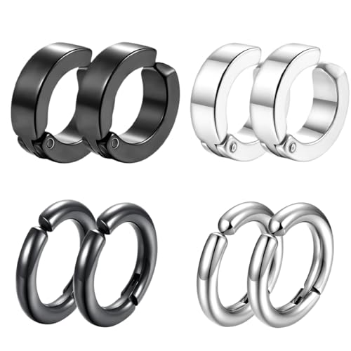 4 Paare Piercing Clip Ohrringe für Männer Frauen,Edelstahl Ohrringe Herren,Non Piercing Ohrringe Set Schwarz Silberton,Creolen Edelstahl ohne Loch Fake Ohrstecker Ohrclips Klappcreolen,2 Stile von HNJUSR
