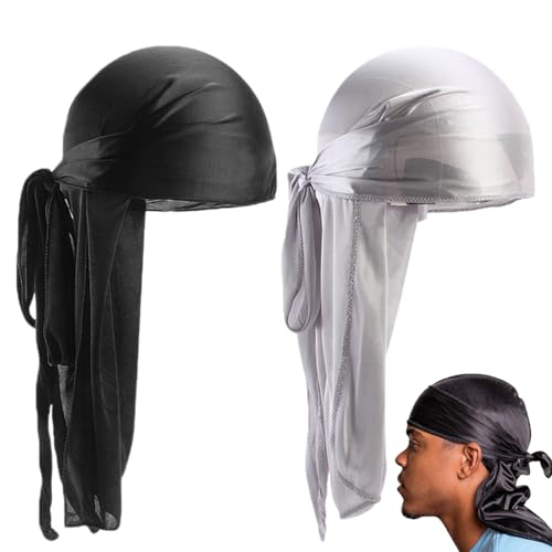 Durag mit Langem Schwanz, 2 Stücke Unisex Durag Men Silk Piraten Bandanas mit Langem Schwanz und Breiten Trägern für Männer Frauen die tägliche Hip-Hop-Dekoration(schwarz + grau) von HNJUSR