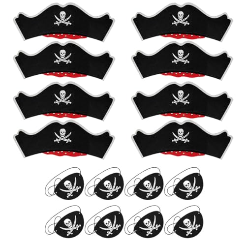 HNJUSR Piraten-Zubehör: 16 Stück Set mit 8 Piratenhüten und 8 Piratenbinden für Kinder und Erwachsene, Mehrfarbig, Maskerade, Pirat, Filz, Kinder, männlich von HNJUSR