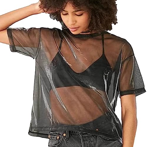 HNJZX Damen T-Shirt Damen Tops Transparent Glänzend Durchsichtig Durchsichtig Transparente Blusen T-Shirt Tops (XL, Schwarz) von HNJZX