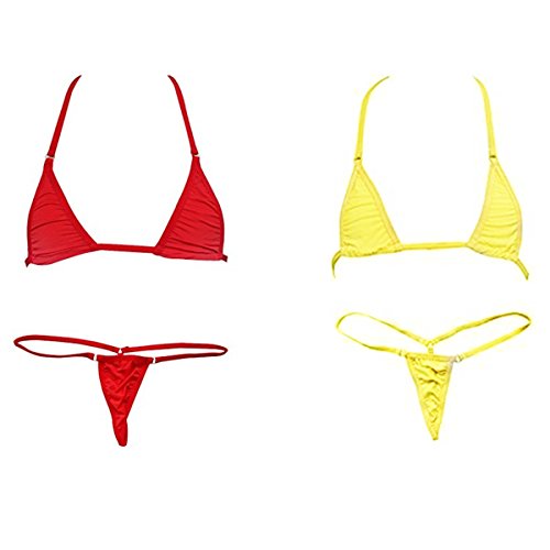 HNJZX Micro Mini Damen Bikini Set BH Bra String-Tanga Set Mini Bikini Sexy Badeanzug Bademode ((2pcs) Yellow + red) von HNJZX