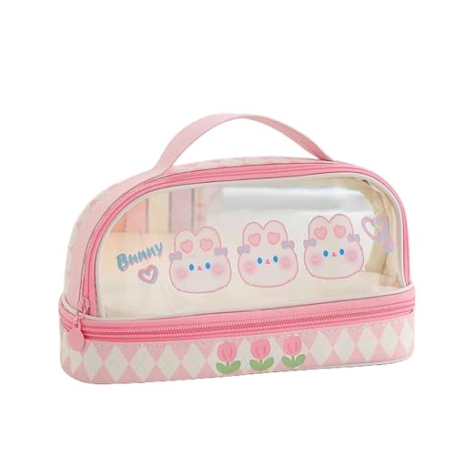 HNLLSM Federmäppchen Doppelschicht Federmäppchen Große Kapazität Stifttasche Transparent Bleistift Box für Mädchen Schulbedarf Schreibwaren, Pink Bunny Rabbit, A von HNLLSM