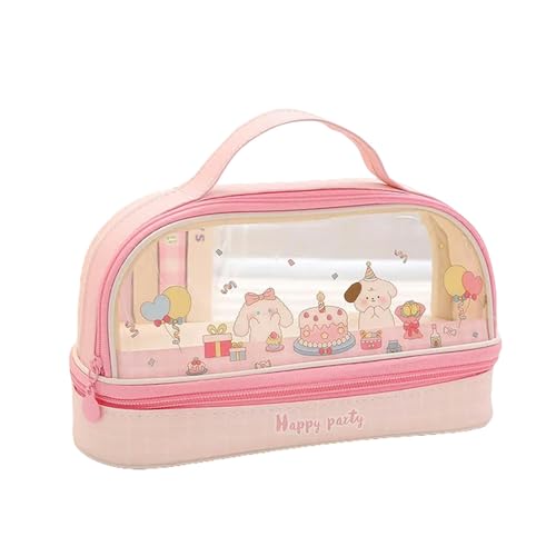 HNLLSM Federmäppchen Doppelschicht Federmäppchen Große Kapazität Stifttasche Transparent Bleistift Box für Mädchen Schulbedarf Schreibwaren, Pink Cake Dog, A von HNLLSM