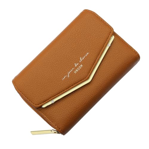 HNOOM Geldbörse Damen klein, Kleines Portemonnaie, Glattem und Weichem Synthetisches PU Leder, Damen Geldbeutel im Kurzformat mit Druckknopf Reißverschluss und 9 Fächer (Braun) von HNOOM