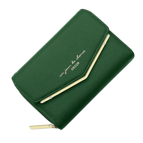 HNOOM Geldbörse Damen klein, Kleines Portemonnaie, Glattem und Weichem Synthetisches PU Leder, Damen Geldbeutel im Kurzformat mit Druckknopf Reißverschluss und 9 Fächer (Grün) von HNOOM