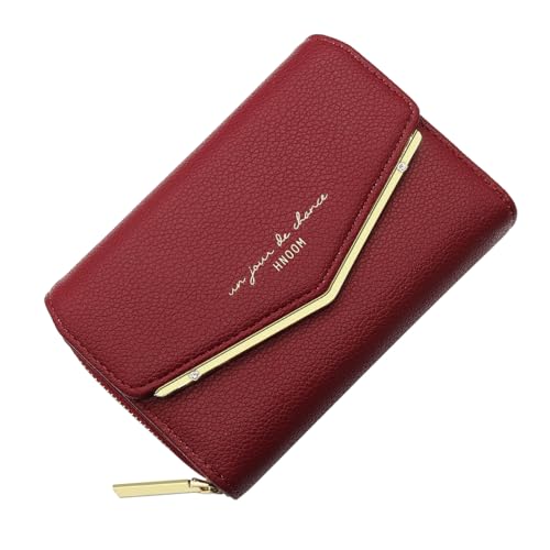 HNOOM Geldbörse Damen klein, Kleines Portemonnaie, Glattem und Weichem Synthetisches PU Leder, Damen Geldbeutel im Kurzformat mit Druckknopf Reißverschluss und 9 Fächer (Rot) von HNOOM