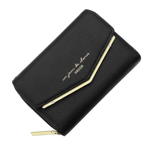 HNOOM Geldbörse Damen klein, Kleines Portemonnaie, Glattem und Weichem Synthetisches PU Leder, Damen Geldbeutel im Kurzformat mit Druckknopf Reißverschluss und 9 Fächer (Schwarz) von HNOOM